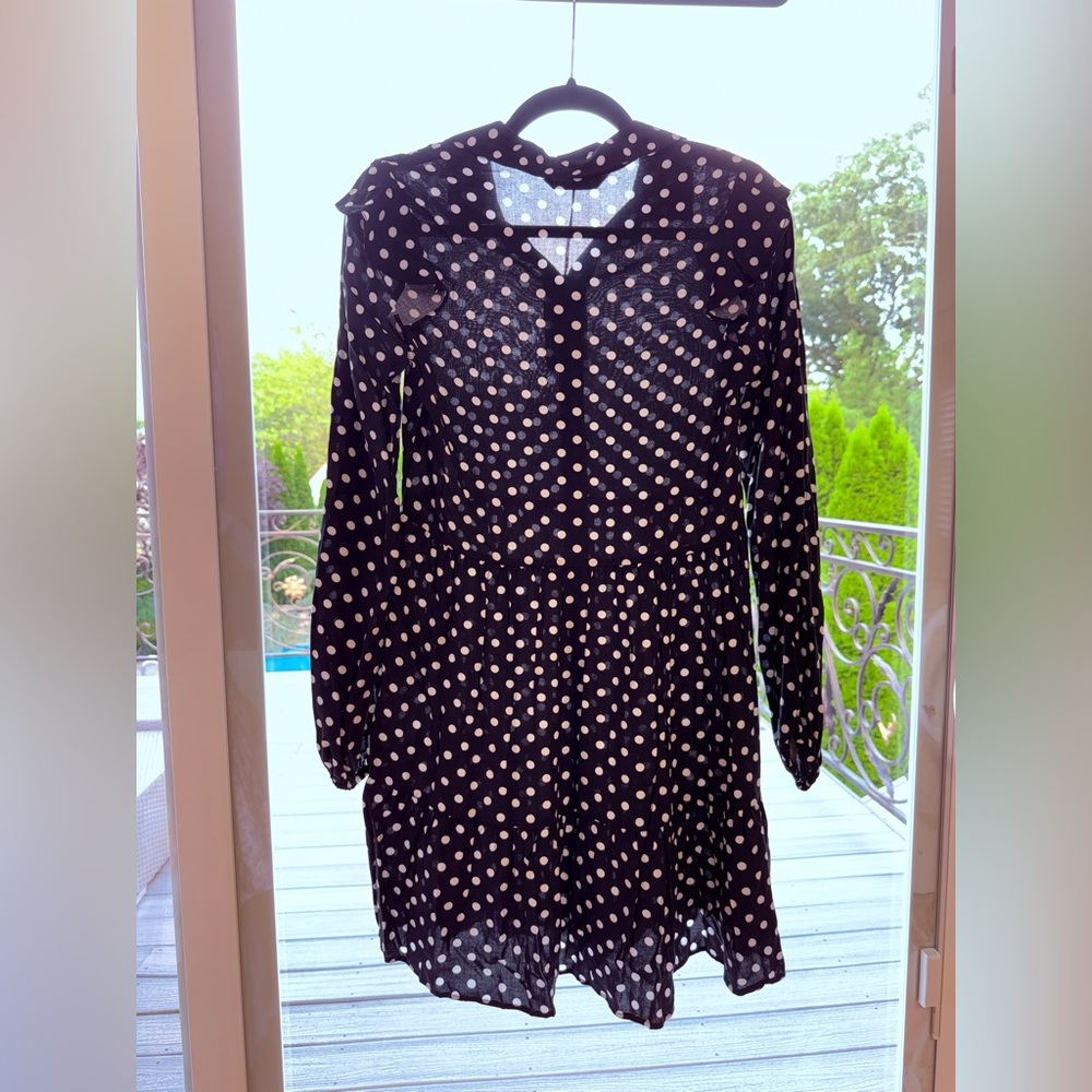 Stradivarius Polka Dot Mini Dress | Black & White Ruffle Long Sleeve size M